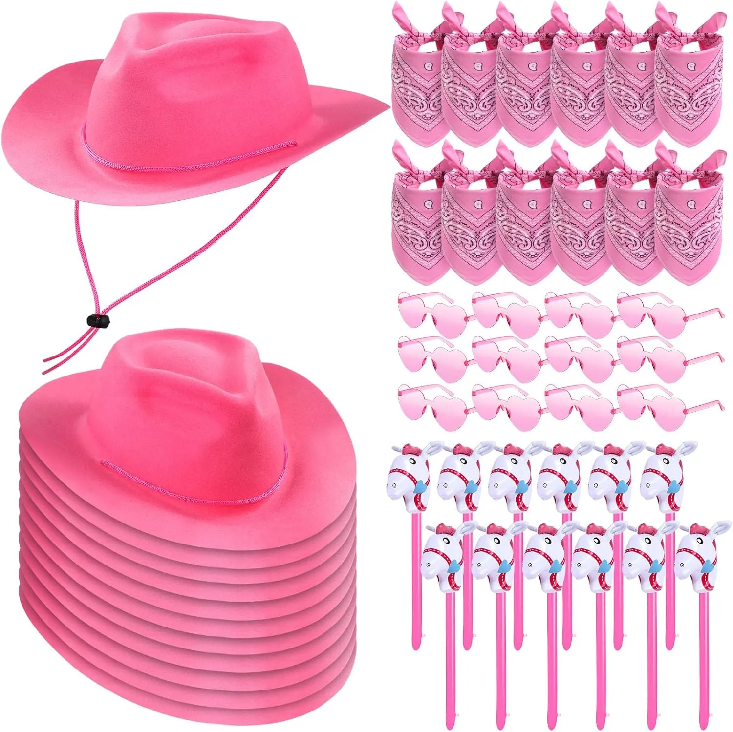 Xtinmee 48 Pcs Kids Cowboy Party Costume Set Bandanas Cowboy Hats Inflatable Stick Horses Heart Glasses for Kids Party(Pink)