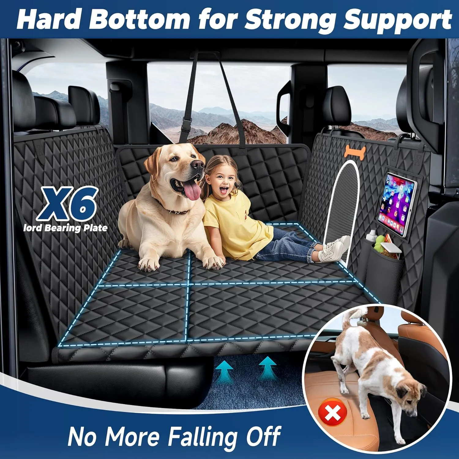 XXL Truck Dog Seat Cover for Back Seat, Backseat Extender Hard Bottom, 100% Waterproof Pet Seat Protector with Mesh Window, Dog Car Hammock Covers for Pickup Truck Crew Cab F150