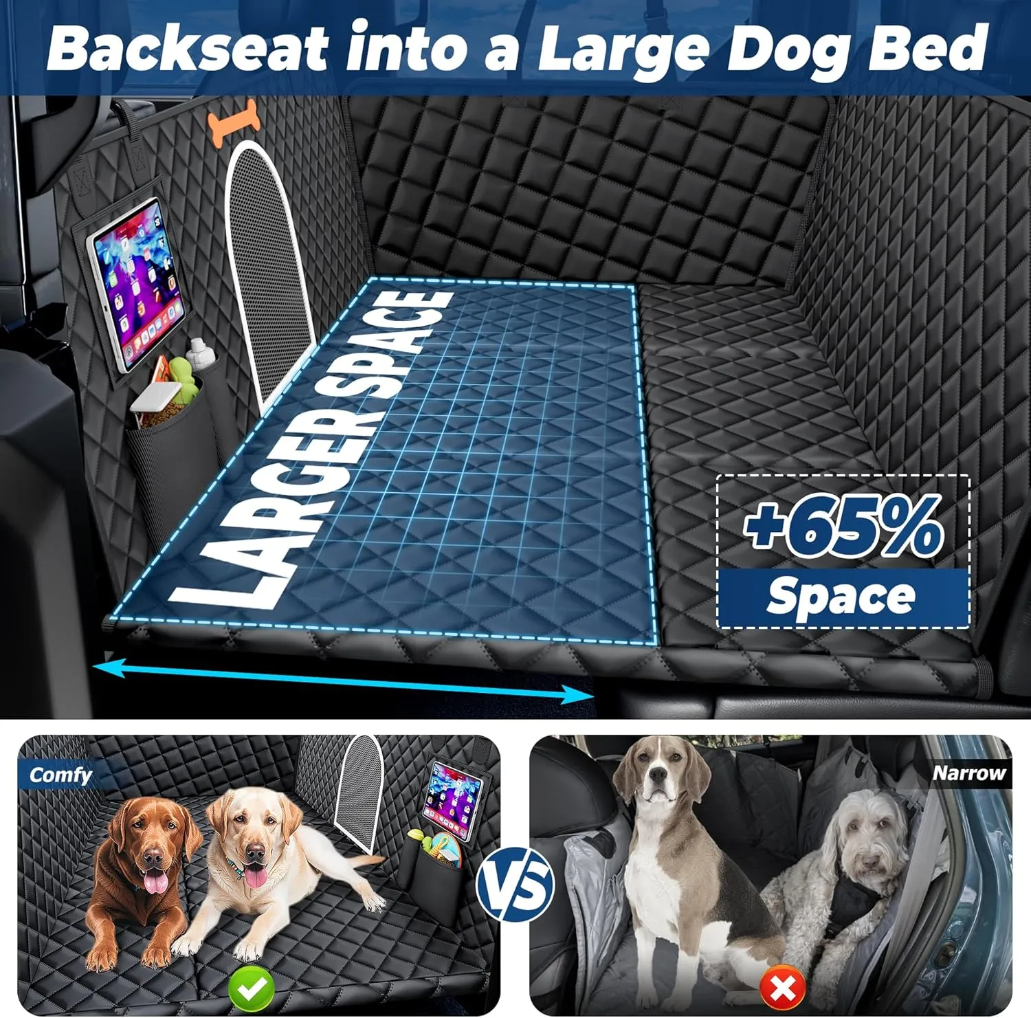 XXL Truck Dog Seat Cover for Back Seat, Backseat Extender Hard Bottom, 100% Waterproof Pet Seat Protector with Mesh Window, Dog Car Hammock Covers for Pickup Truck Crew Cab F150