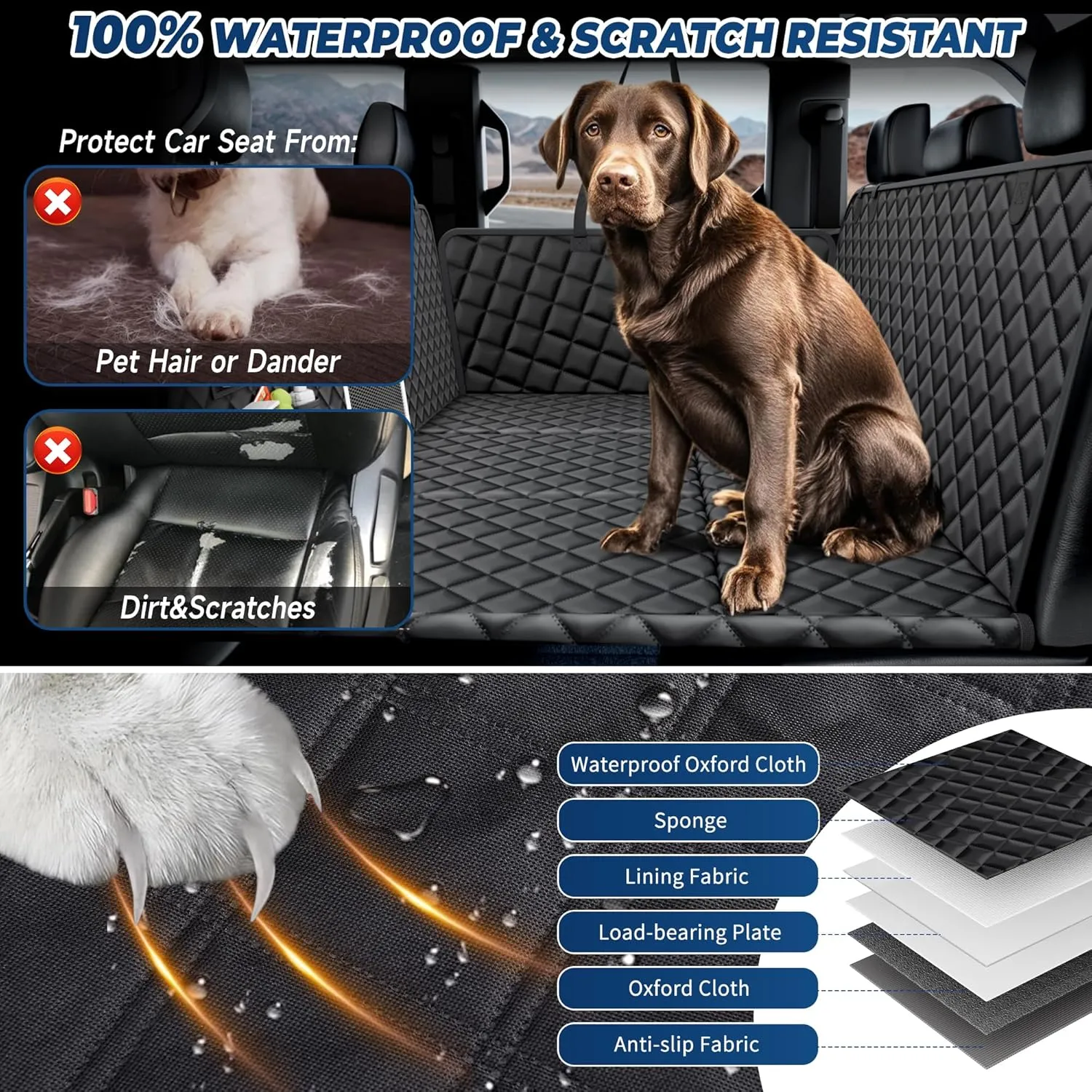 XXL Truck Dog Seat Cover for Back Seat, Backseat Extender Hard Bottom, 100% Waterproof Pet Seat Protector with Mesh Window, Dog Car Hammock Covers for Pickup Truck Crew Cab F150